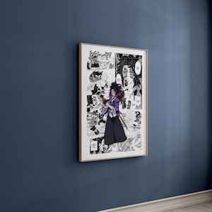 Puede incluir: Impresi&oacute;n art&iacute;stica enmarcada de manga con una ilustraci&oacute;n en blanco y negro. La obra representa a un personaje con un atuendo morado y negro sosteniendo una espada, sobre un fondo de paneles de manga. La impresi&oacute;n est&aacute; en un marco dorado.