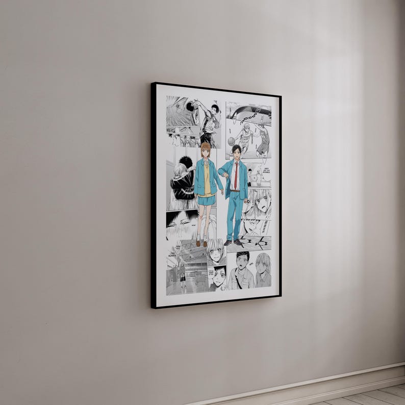 May include: A framed black and white manga art print. The artwork features panels of manga illustrations, including figures in casual attire and action scenes. The print is displayed on a neutral-coloured wall.