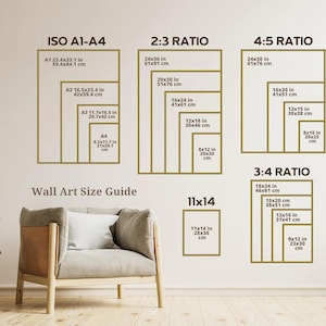 Puede incluir: Una gu&iacute;a de tama&ntilde;o de arte de pared con diferentes proporciones y medidas en pulgadas y cent&iacute;metros. La gu&iacute;a muestra los diferentes tama&ntilde;os de impresiones que se pueden hacer para una proporci&oacute;n dada. Las proporciones que se muestran son 2:3, 3:4, 4:5 y 11x14. La gu&iacute;a se muestra en una pared blanca con un sill&oacute;n marr&oacute;n en primer plano.