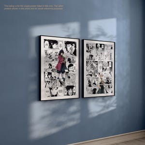 Puede incluir: Dos impresiones art&iacute;sticas de manga en blanco y negro enmarcadas en una pared azul. Las impresiones presentan ilustraciones de manga con personajes en varias poses. El texto "This listing is for the single poster listed in title only. The other posters shown in the photo are for visual reference purposes" est&aacute; en la parte superior.