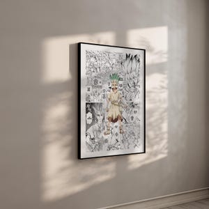 May include: Framed black and white manga art print featuring a character with green hair and a tan outfit. The artwork is a collage of panels with Japanese text, creating a dynamic and detailed composition. The print is displayed on a neutral wall.