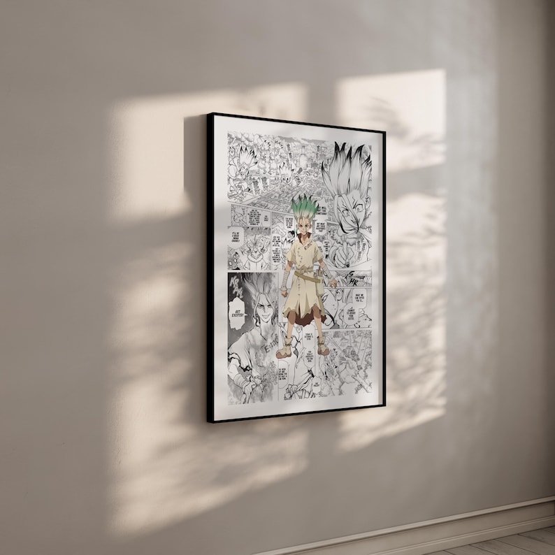May include: Framed black and white manga art print featuring a character with green hair and a tan outfit. The artwork is a collage of panels with Japanese text, creating a dynamic and detailed composition. The print is displayed on a neutral wall.