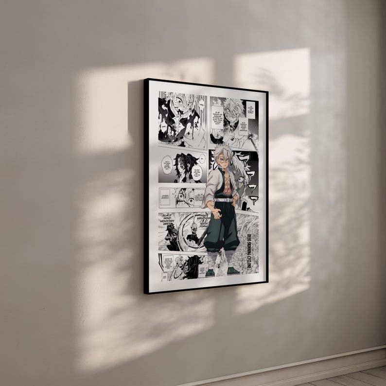 May include: A framed black and white manga art print featuring panels from a Japanese comic. The artwork depicts a male character in a white jacket and dark green trousers. The print is displayed on a white wall.