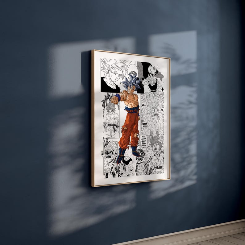 Puede incluir: Ilustraci&oacute;n en blanco y negro de estilo manga de un personaje con cabello blanco puntiagudo y un mono naranja. El personaje est&aacute; en una pose de lucha con los brazos extendidos. La ilustraci&oacute;n est&aacute; rodeada de otros personajes y paneles del manga.