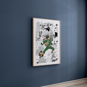 Puede incluir: Ilustraci&oacute;n en blanco y negro de estilo manga de un personaje con un atuendo verde y negro, sosteniendo una espada, con el texto "FLOW" y "SKYRO" visible.