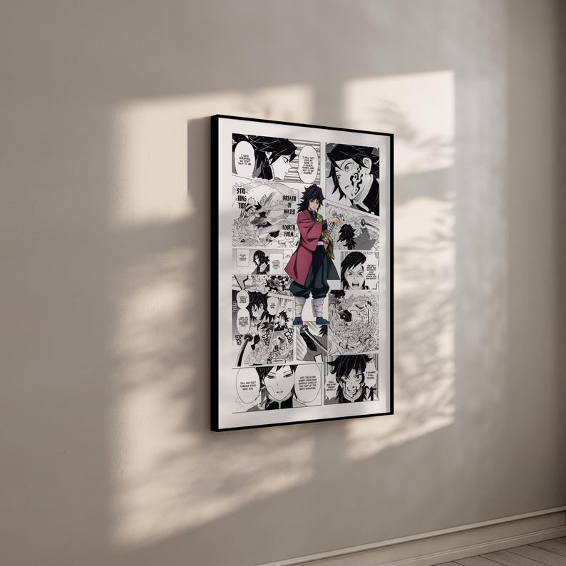 Puede incluir: Una impresi&oacute;n art&iacute;stica enmarcada de manga con paneles de un c&oacute;mic japon&eacute;s. La obra de arte es en blanco y negro con un personaje con un atuendo rojo y negro. La impresi&oacute;n se muestra en una pared blanca.