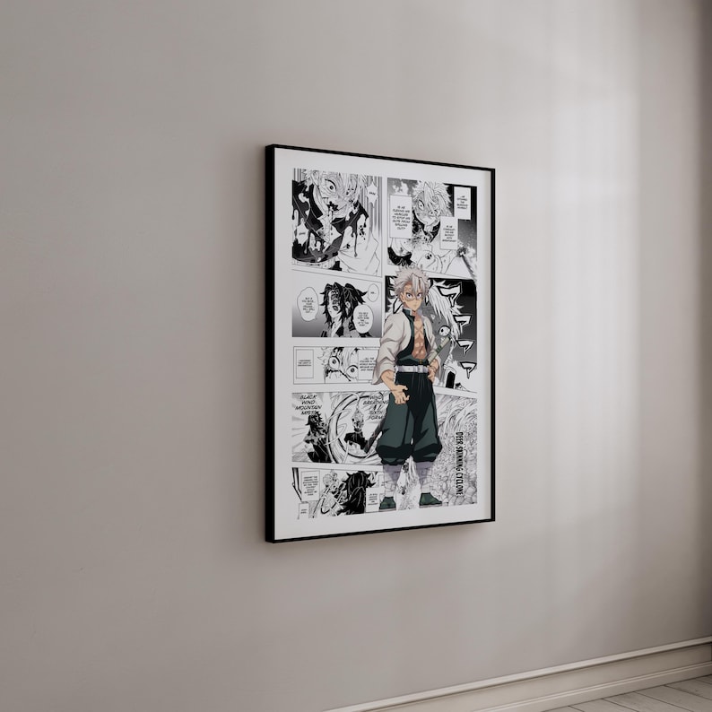 May include: A framed manga art print in black and white, showcasing a character from an anime series. The artwork is presented in a comic book format with panels and speech bubbles. The character is dressed in a white jacket, orange shirt, and dark green trousers.