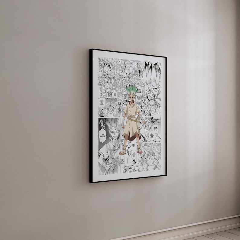 May include: Framed manga art print featuring a black and white comic book panel with a central character in color. The character has green hair and a tan outfit, standing out against the detailed background. The artwork is displayed in a black frame.