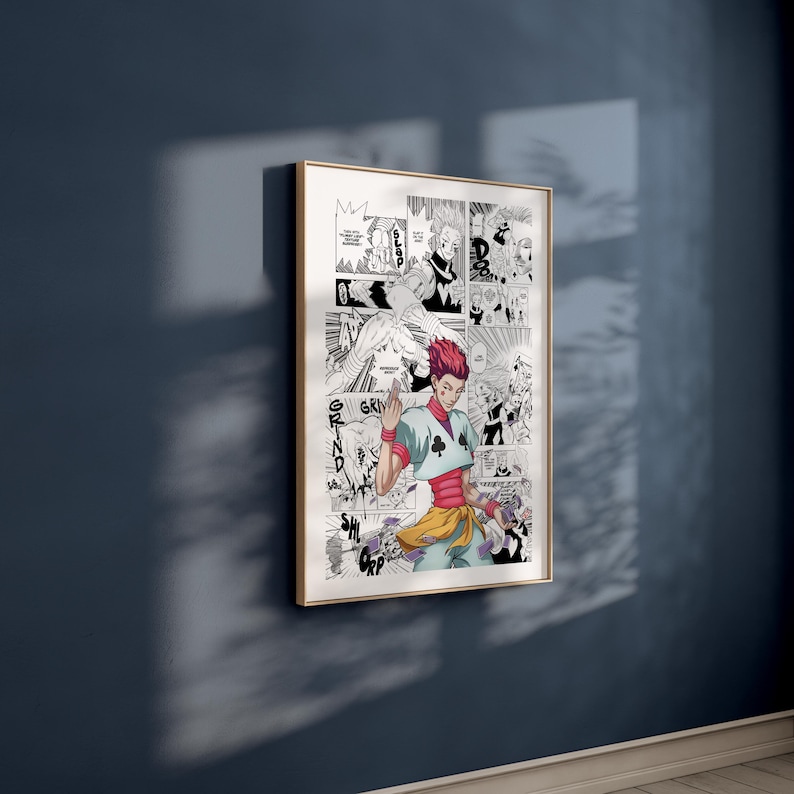 Puede incluir: Obra de arte enmarcada con una ilustraci&oacute;n de estilo manga. La obra presenta un personaje con cabello rojo, vistiendo una camisa turquesa con un s&iacute;mbolo de pica, un abdomen rosado y pantalones amarillos. El fondo es un collage de paneles de manga en blanco y negro. La palabra "GRIND" es visible.