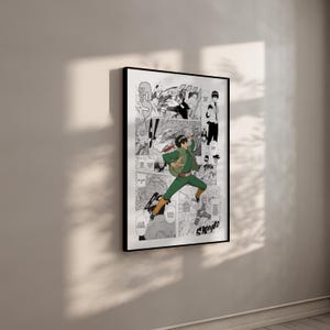 Puede incluir: Ilustraci&oacute;n de estilo manga en blanco y negro de un personaje con un atuendo verde y negro con una espada. El personaje est&aacute; saltando y el fondo es una serie de paneles de manga.