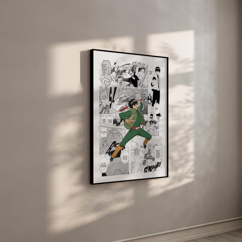 Puede incluir: Ilustraci&oacute;n de estilo manga en blanco y negro de un personaje con un atuendo verde y negro con una espada. El personaje est&aacute; saltando y el fondo es una serie de paneles de manga.