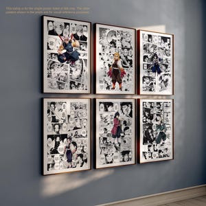 Puede incluir: Seis impresiones art&iacute;sticas de manga en blanco y negro enmarcadas cuelgan de una pared gris. Cada impresi&oacute;n presenta ilustraciones de manga. Los marcos son de color marr&oacute;n oscuro. El texto en la parte superior dice: "Este listado es solo para el p&oacute;ster &uacute;nico que figura en el t&iacute;tulo."