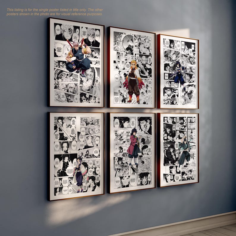 Puede incluir: Seis impresiones art&iacute;sticas de manga en blanco y negro enmarcadas cuelgan de una pared gris. Cada impresi&oacute;n presenta ilustraciones de manga. Los marcos son de color marr&oacute;n oscuro. El texto en la parte superior dice: "Este listado es solo para el p&oacute;ster &uacute;nico que figura en el t&iacute;tulo."