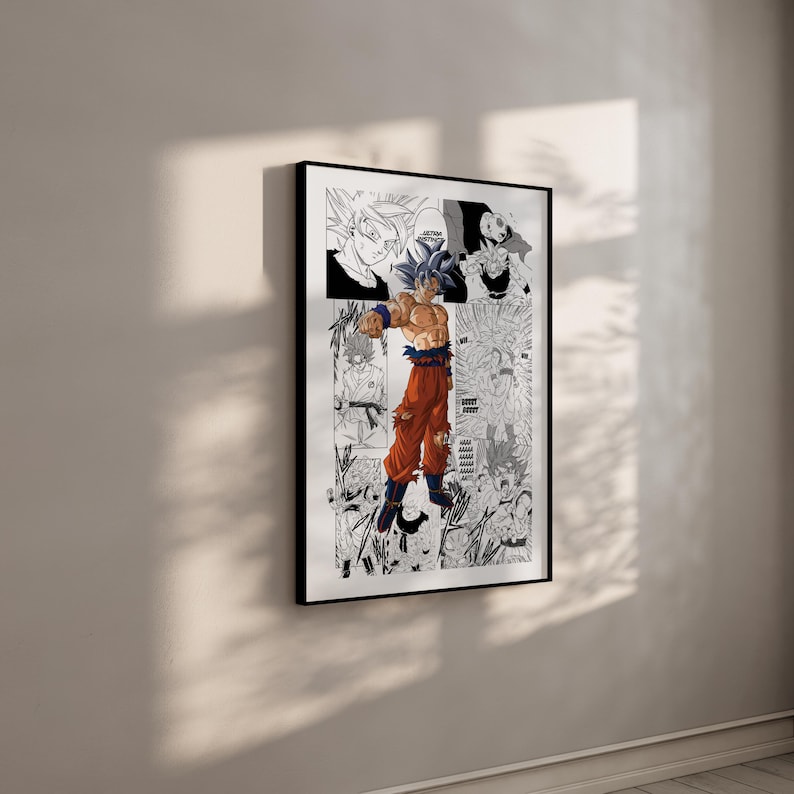 Puede incluir: Ilustraci&oacute;n en blanco y negro de estilo manga de un personaje con cabello plateado puntiagudo y pantalones naranjas. El personaje est&aacute; en una pose de lucha con los brazos extendidos. El fondo est&aacute; lleno de otros personajes y escenas de acci&oacute;n.