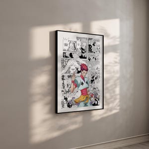 Puede incluir: Obra de arte enmarcada con una ilustraci&oacute;n de estilo manga. La obra presenta un personaje con cabello rojo, vistiendo un atuendo turquesa y rojo, sobre un fondo de paneles de c&oacute;mic en blanco y negro. La palabra "GRIND" es visible en el lado izquierdo.
