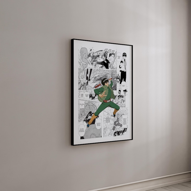 Puede incluir: Ilustraci&oacute;n de estilo manga en blanco y negro de un personaje con un atuendo verde y negro que sostiene un arma. El personaje est&aacute; saltando y el fondo est&aacute; lleno de paneles de manga.