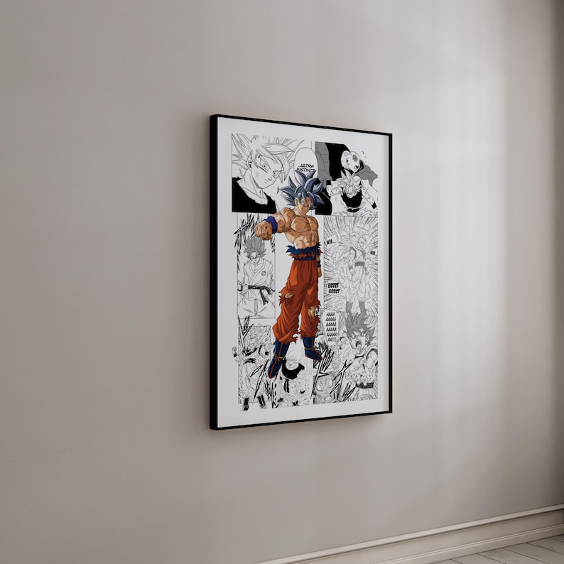 Puede incluir: Ilustraci&oacute;n en blanco y negro de estilo manga de un personaje con el pelo de punta y un mono naranja. El personaje est&aacute; en una pose de lucha con los brazos extendidos. El fondo est&aacute; lleno de otros personajes y escenas de acci&oacute;n.