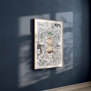 May include: Framed manga art print featuring a central character with green hair and a tan coat, surrounded by black and white panels. The artwork is displayed in a gold frame against a dark blue wall, creating a striking contrast.