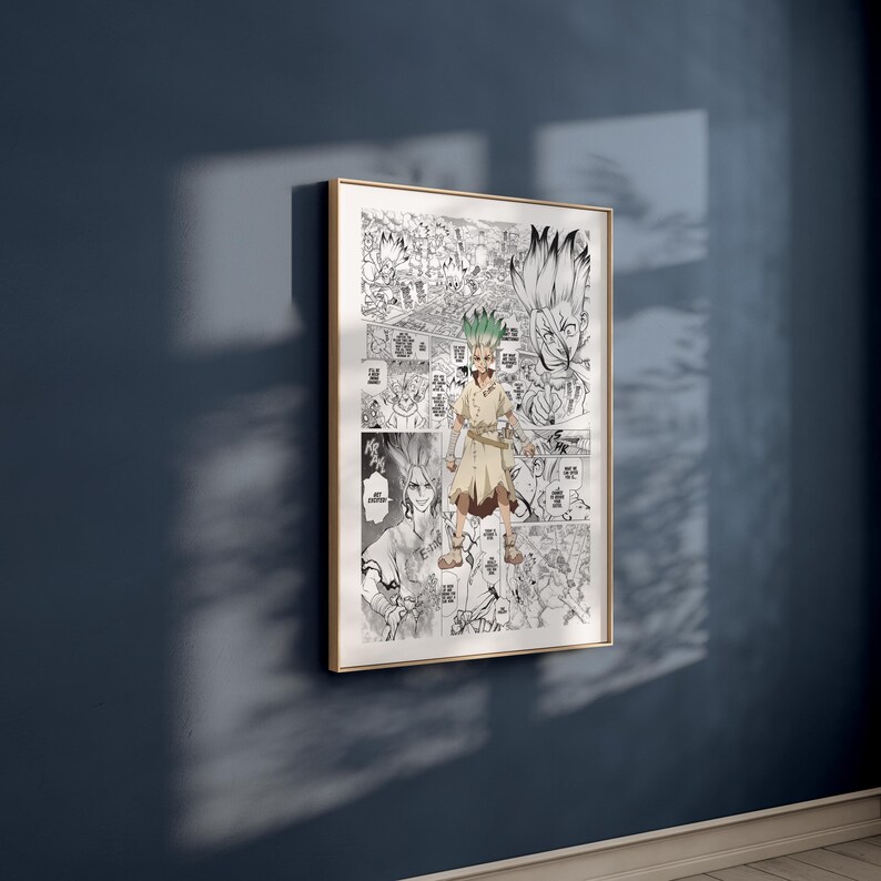 May include: Framed manga art print featuring a central character with green hair and a tan coat, surrounded by black and white panels. The artwork is displayed in a gold frame against a dark blue wall, creating a striking contrast.