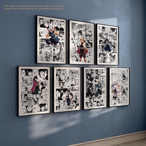 Puede incluir: Seis impresiones art&iacute;sticas de manga en blanco y negro enmarcadas se exhiben en una pared azul. Las impresiones presentan varios personajes y escenas de una serie de manga. El texto en la parte superior dice: "Este listado es solo para el p&oacute;ster &uacute;nico que se indica en el t&iacute;tulo. Los otros carteles que se muestran en la foto son para fines de referencia visual."