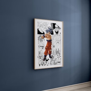 Puede incluir: Ilustraci&oacute;n en blanco y negro de estilo manga de un personaje con cabello plateado puntiagudo y pantalones naranjas. El personaje est&aacute; en una pose de lucha con el pu&ntilde;o levantado. La ilustraci&oacute;n est&aacute; rodeada de otros personajes y texto.