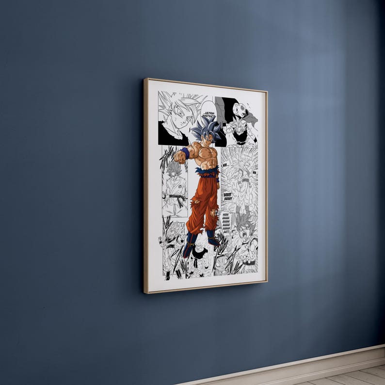 Puede incluir: Ilustraci&oacute;n en blanco y negro de estilo manga de un personaje con cabello plateado puntiagudo y pantalones naranjas. El personaje est&aacute; en una pose de lucha con el pu&ntilde;o levantado. La ilustraci&oacute;n est&aacute; rodeada de otros personajes y texto.