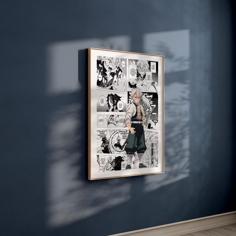 May include: A framed manga art print, depicting a character in a white jacket and dark green trousers. The black and white artwork includes speech bubbles and panels. The frame is gold-coloured, and the print is displayed on a dark blue wall.