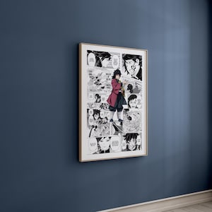 Puede incluir: Impresi&oacute;n enmarcada con paneles de un c&oacute;mic manga. La obra de arte es principalmente en blanco y negro con un personaje con un atuendo rojo y negro. La impresi&oacute;n se muestra en una pared azul.