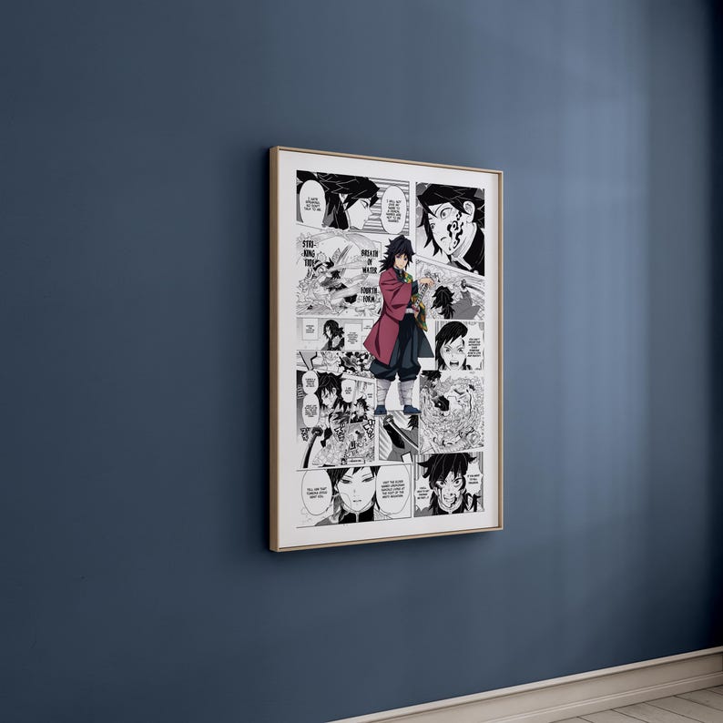 Puede incluir: Impresi&oacute;n enmarcada con paneles de un c&oacute;mic manga. La obra de arte es principalmente en blanco y negro con un personaje con un atuendo rojo y negro. La impresi&oacute;n se muestra en una pared azul.