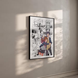 Peut inclure: Impression d'art manga encadr&eacute;e, pr&eacute;sentant des panneaux d'illustrations en noir et blanc et une image en couleur d'un couple s'embrassant. L'&oelig;uvre est affich&eacute;e sur un mur blanc, avec une ombre port&eacute;e.