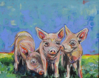 May include: Three pink piglets with light brown snouts are standing in a field of green grass. The piglets are looking at the viewer. The background is a bright blue sky.