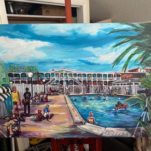 May include: An acrylic painting depicts a vibrant scene at a motel pool. The artwork showcases a sunny day with a blue sky and fluffy clouds. The painting features people swimming, sunbathing, and enjoying leisure activities. The motel sign reads "Sea Foam".
