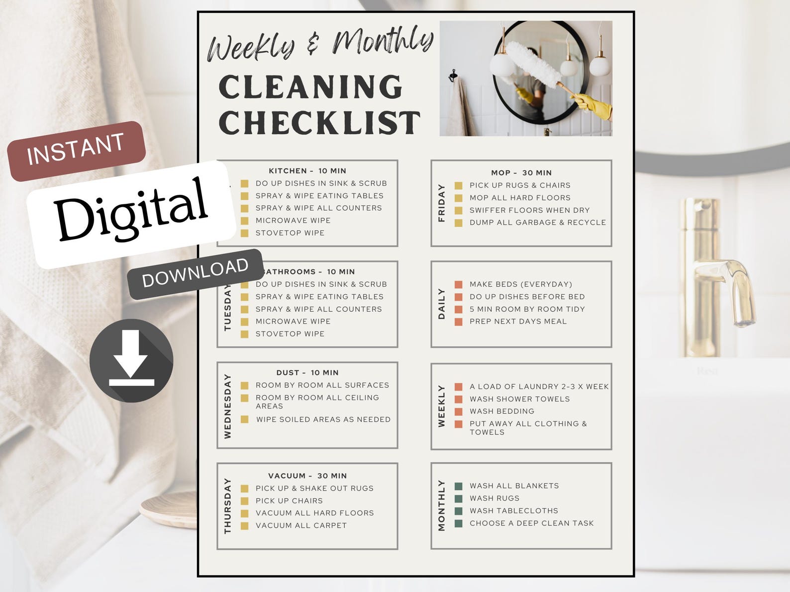 Weekly & Monthly Cleaning Checklist Digital Home Cleaning Planner - Etsy