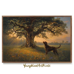 Early morning chocolate lab oil painting, vintage countryside wall print, hunting dog oil painting
