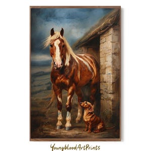 Horse and Dog painting, oil countryside painting, vintage English oil painting print, dachshund oil painting, horse and dog oil painting