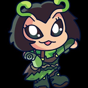 May include: A cartoon illustration of a green and brown character with large eyes, a green tongue sticking out, and green antennae. The character is wearing a green and brown outfit and holding a green weapon.