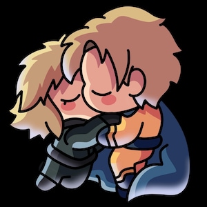 May include: A digital illustration of two cartoon figures embracing. One figure has light brown hair and wears an orange and blue outfit. The other figure has light blonde hair and wears a black outfit. The background is black.