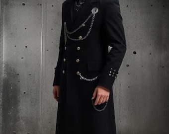 Men&#39;s Gothic Steampunk Long Coat: Silver Chain Detail