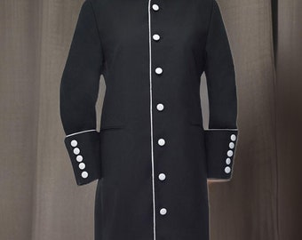 Men&#39;s Black Clergy Robe: Long Coat with White Trim