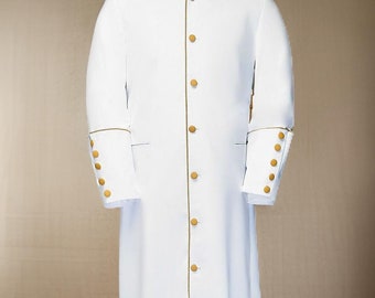 Men&#39;s White Clergy Robe: Gold Trim Church Father Coat
