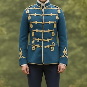 Chaqueta túnica azul de húsares prusianos: ribete de trenza dorada