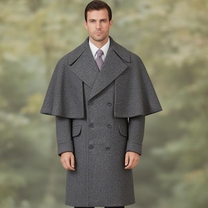 Men's Gray Long Overcoat with Cape Wool Blend Double Breasted Wide Lapel Cape