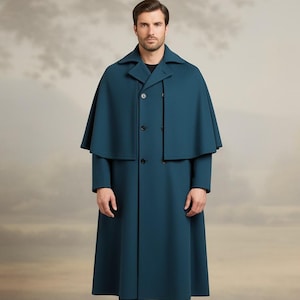 Men's Blue Wool Blend Cloak: Double Breasted Wide Lapel Cape