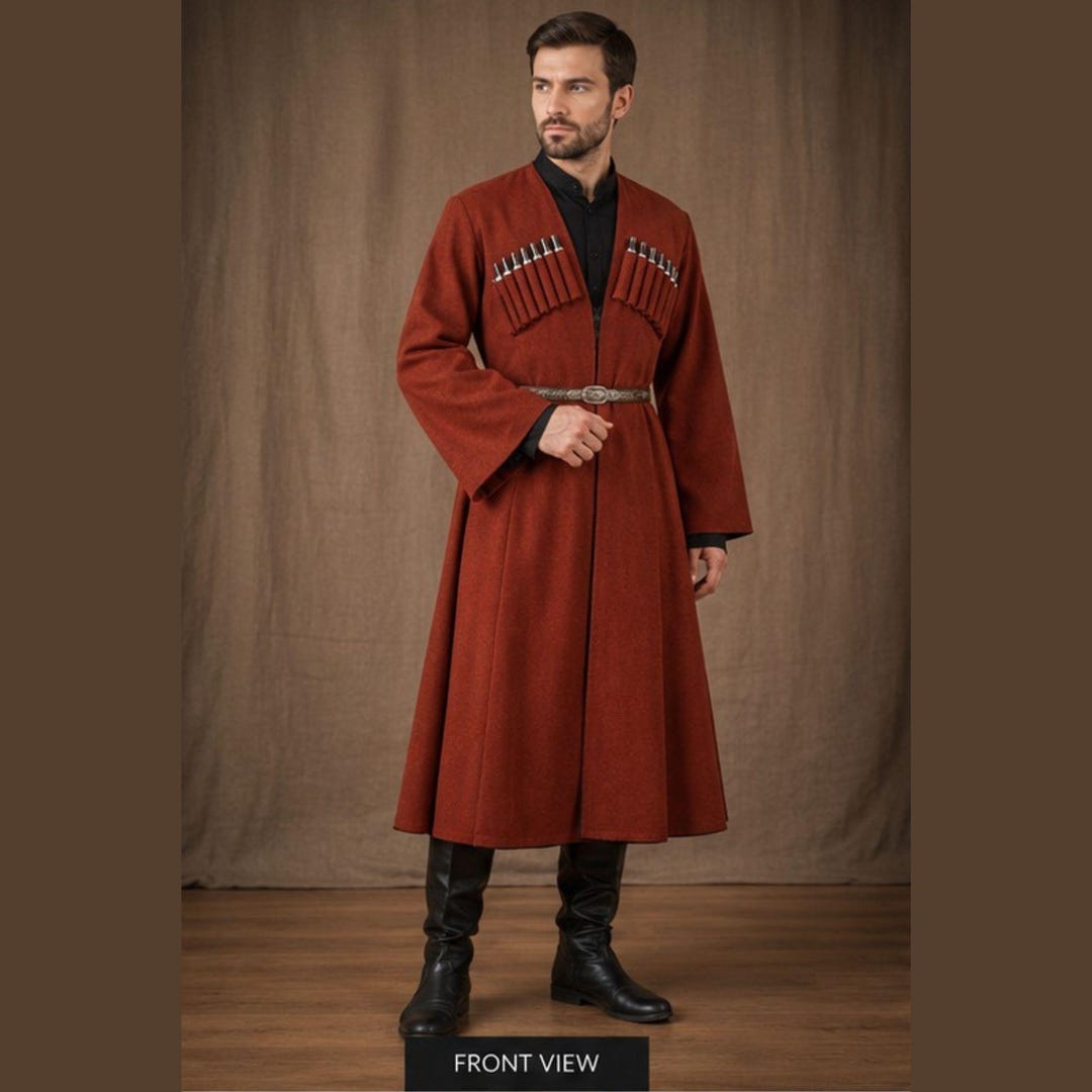 Men's Red Costume National Georgian Chokha Cherkeska Dance Wool