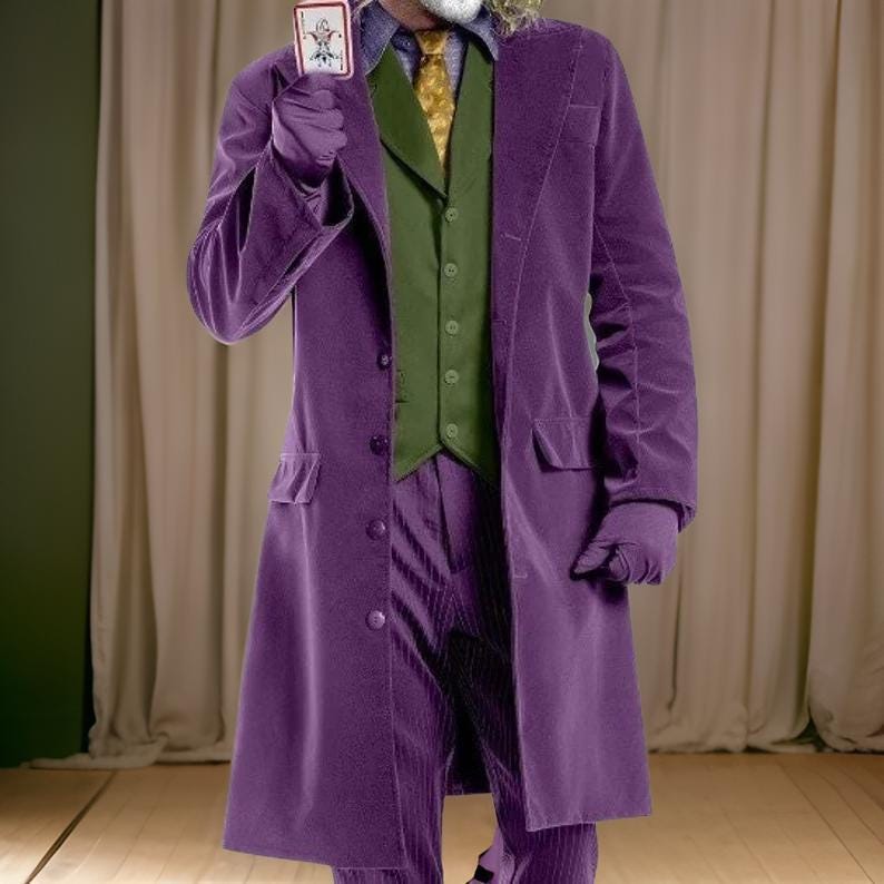Gothic Dark Knight Joker Costume: Wool Jacket, Vest, Pant, Shirt & Tie