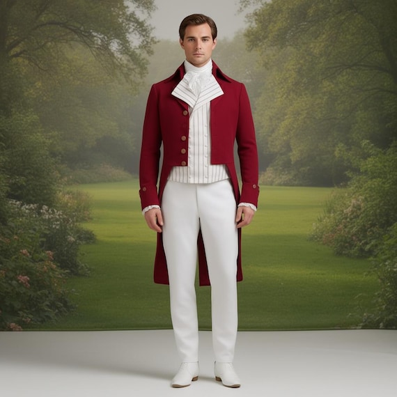 Men's Red Wool Regency Tailcoat: 19th Century Outfit