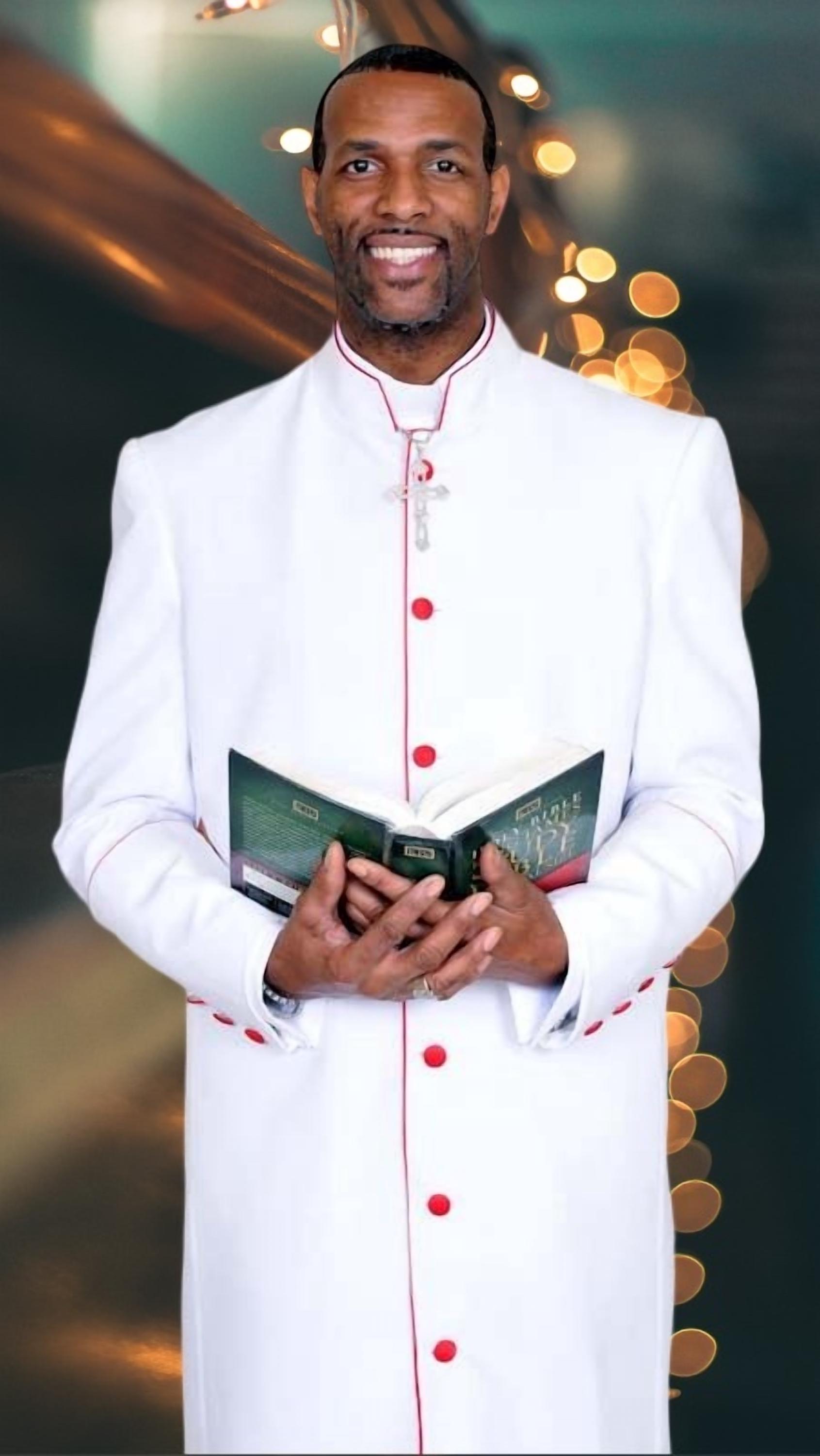 Men's White Clergy Robe: Red Trim Church Father Coat