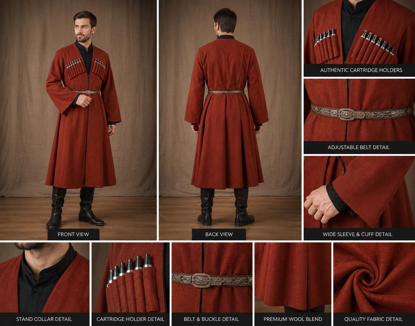 Men's Red Costume National Georgian Chokha Cherkeska Dance Wool