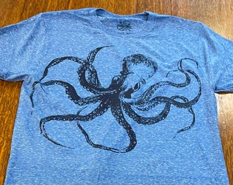 Kraken Octopus T-Shirt Made in USA  Athletic Grey  or Light Blue Slub