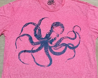 Kraken Octopus T-Shirt Made in USA  Salmon Heather Red